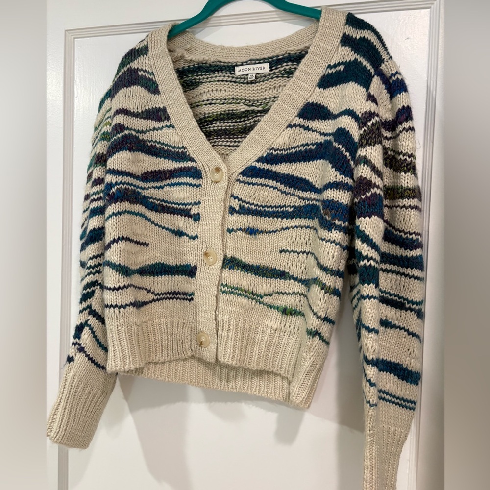 Moon River Cream and Blue Patterned Cardigan